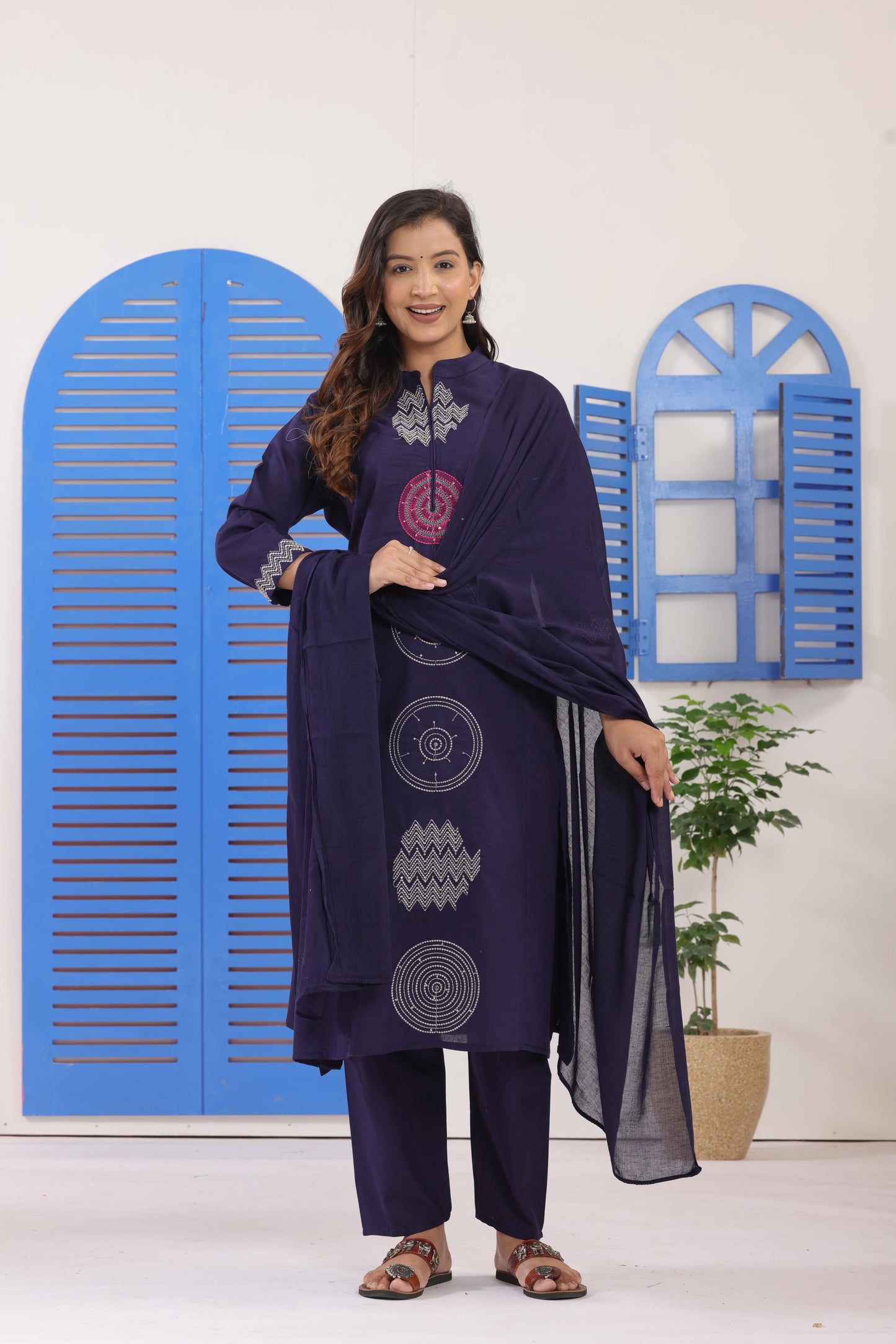 Navy Blue Embroidered Cotton Kurti With Pant & Dupatta Set | For Women