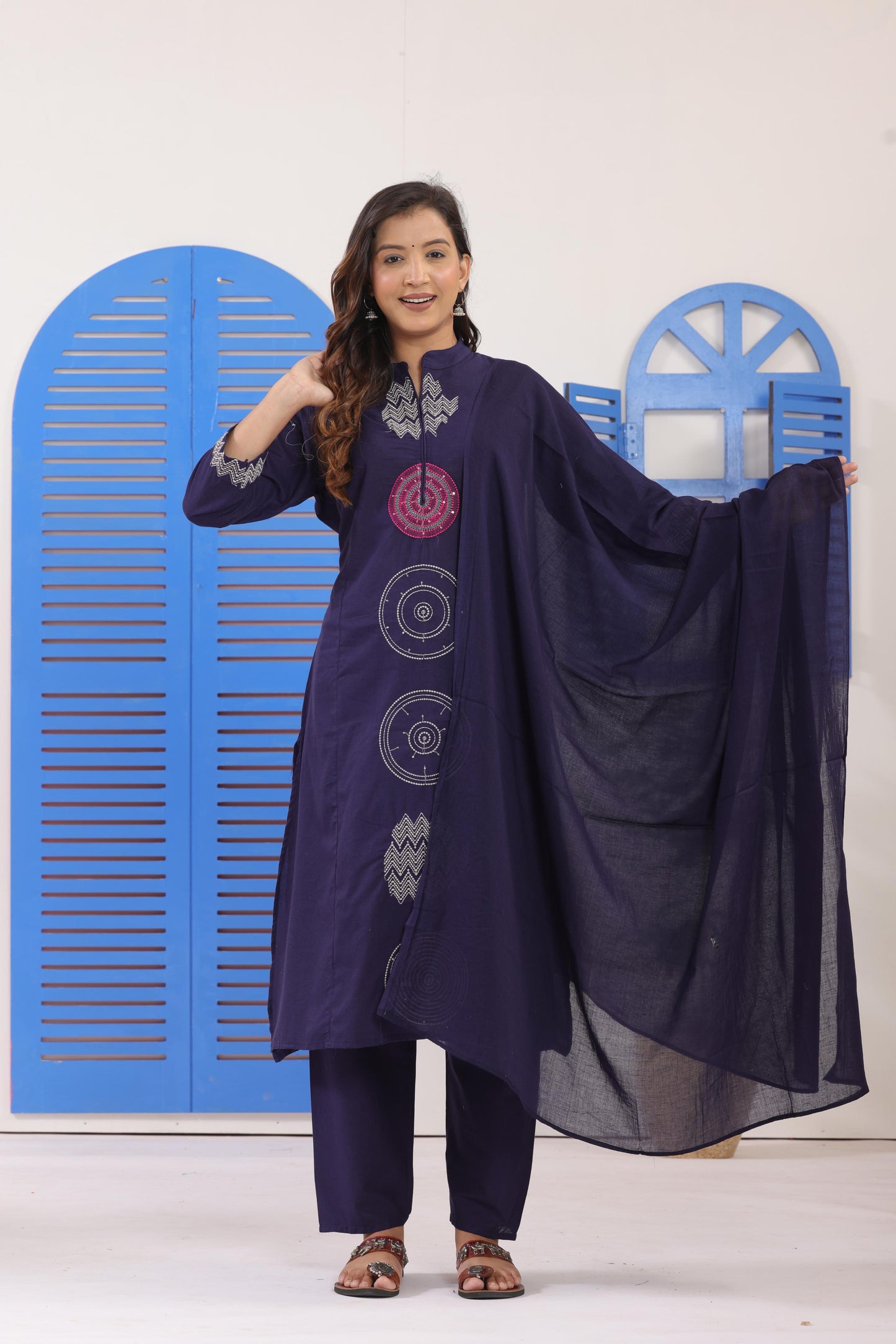 Navy Blue Embroidered Cotton Kurti With Pant & Dupatta Set | For Women