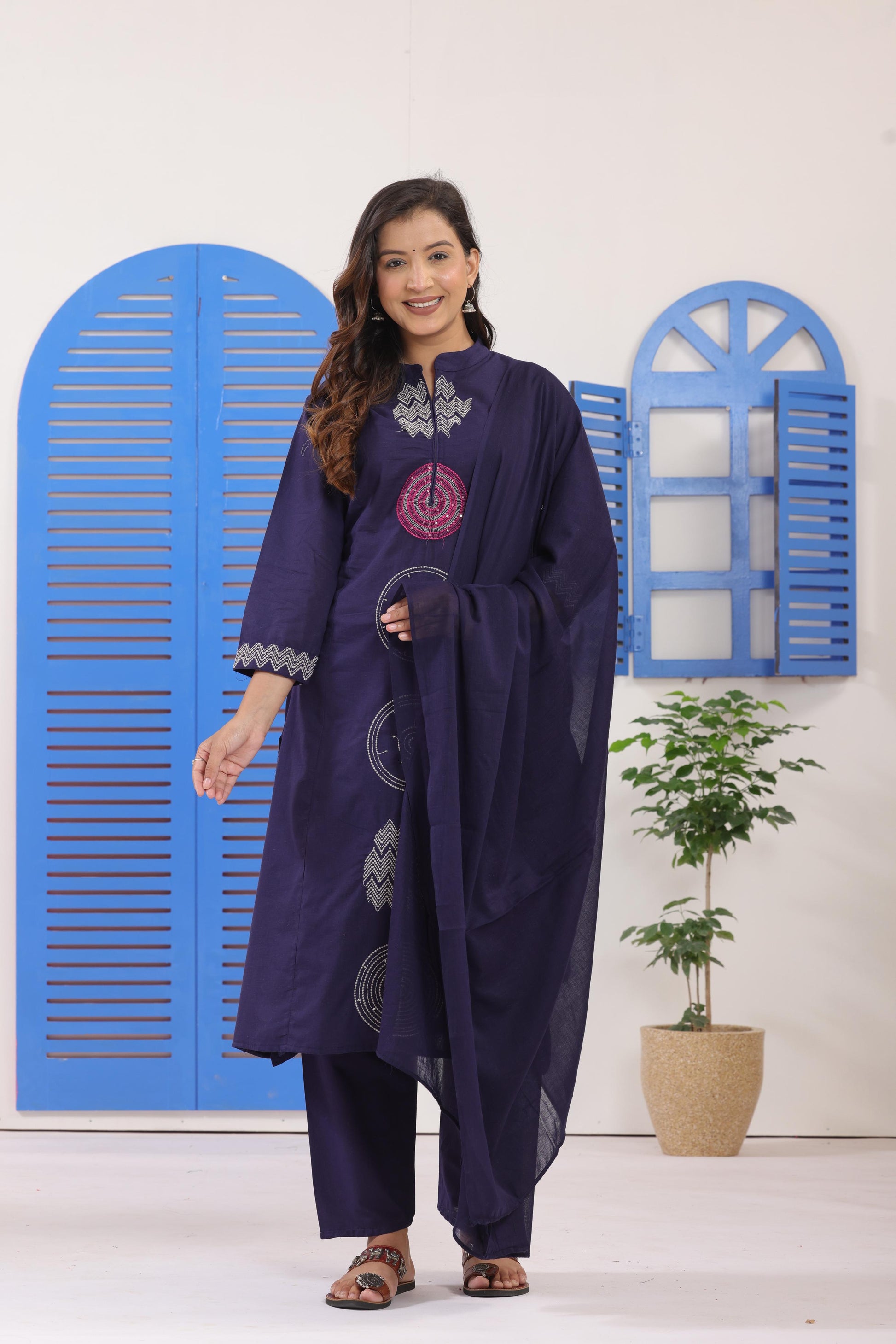Navy Blue Embroidered Cotton Kurti With Pant & Dupatta Set | For Women