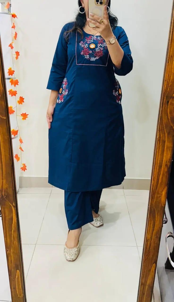 Navy Blue Embroidered Kurta Set with Straight Pants