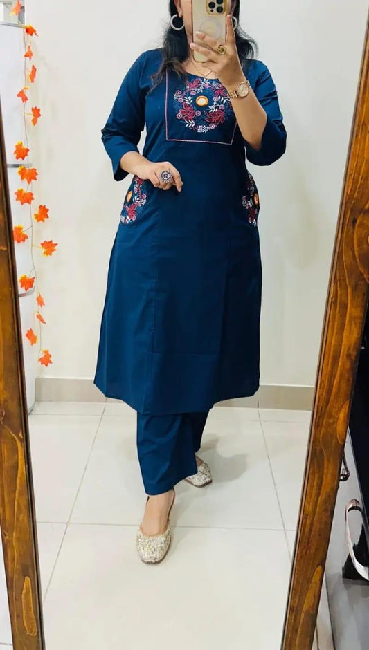 Navy Blue Embroidered Kurta Set with Straight Pants