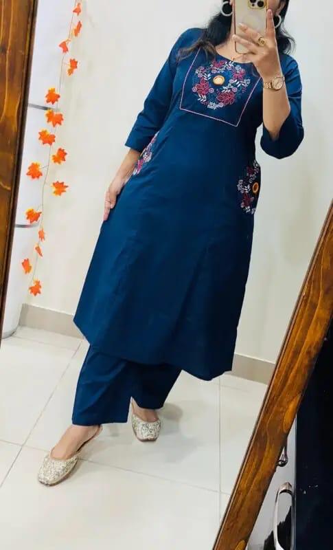Navy Blue Embroidered Kurta Set with Straight Pants