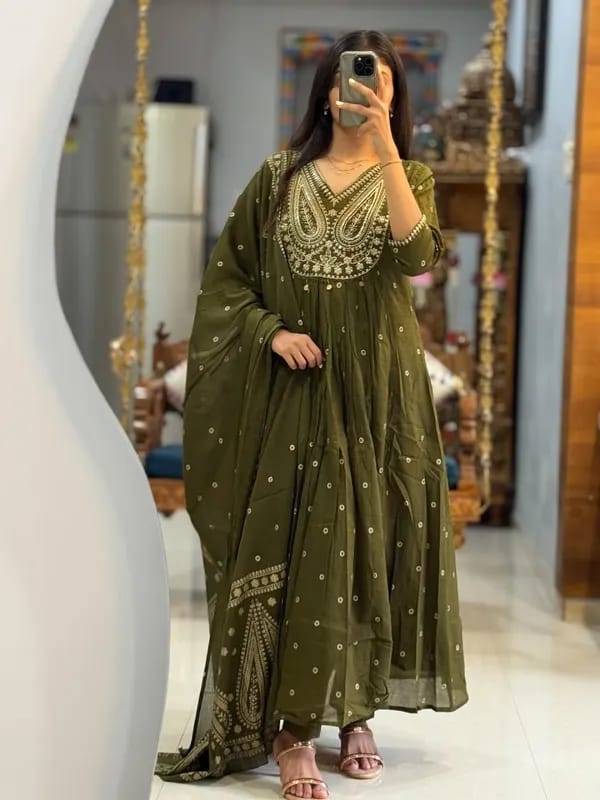 Olive Green Embroidered Anarkali Kurta Set with Dupatta