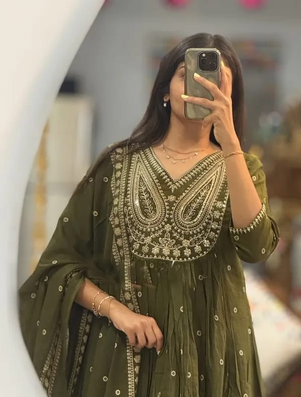 Olive Green Embroidered Anarkali Kurta Set with Dupatta