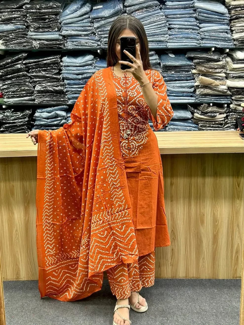 Orange Bandhani Printed Kurta Pant Set with Dupatta for Women