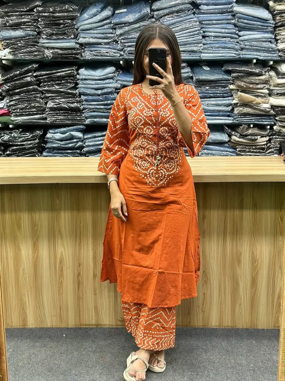 Orange Bandhani Printed Kurta Pant Set with Dupatta for Women