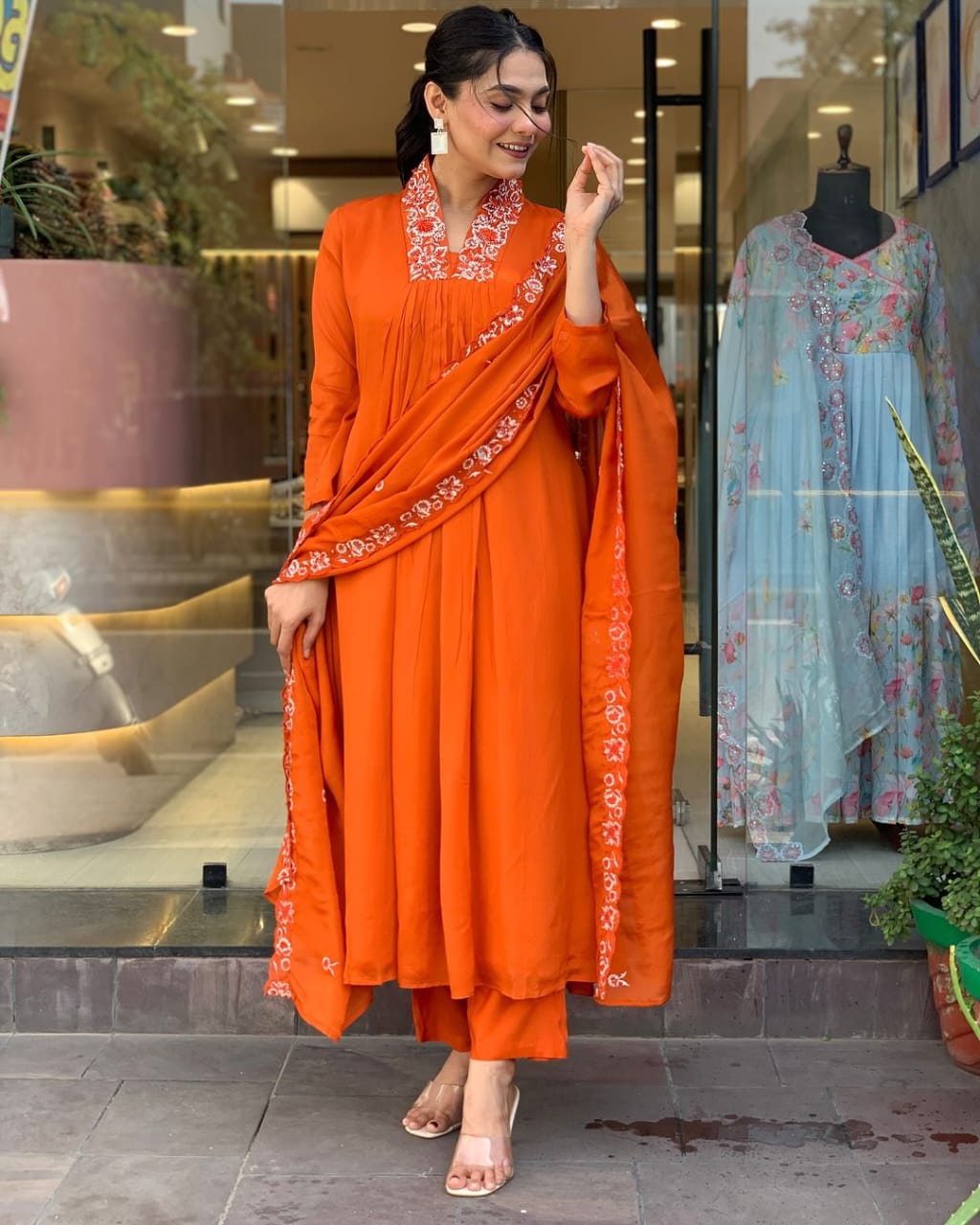 Orange Embroidered A-line Anarkali Kurti With Pant & Dupatta Set | For Women
