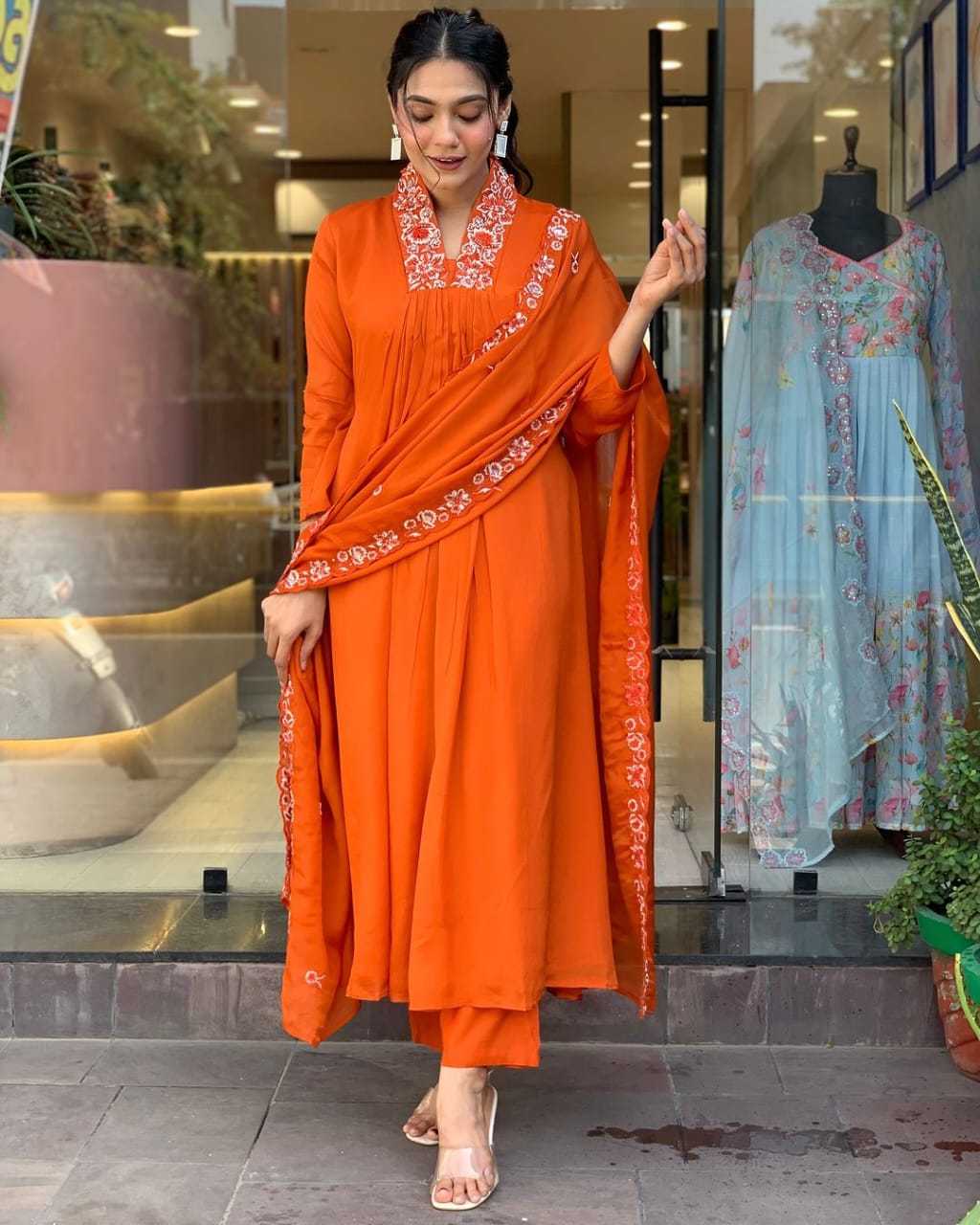 Orange Embroidered A-line Anarkali Kurti With Pant & Dupatta Set | For Women