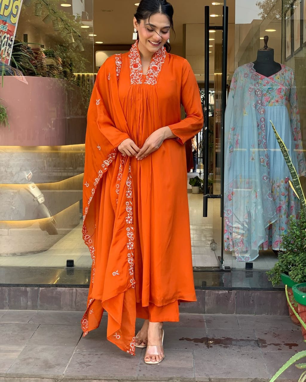 Orange Embroidered A-line Anarkali Kurti With Pant & Dupatta Set | For Women