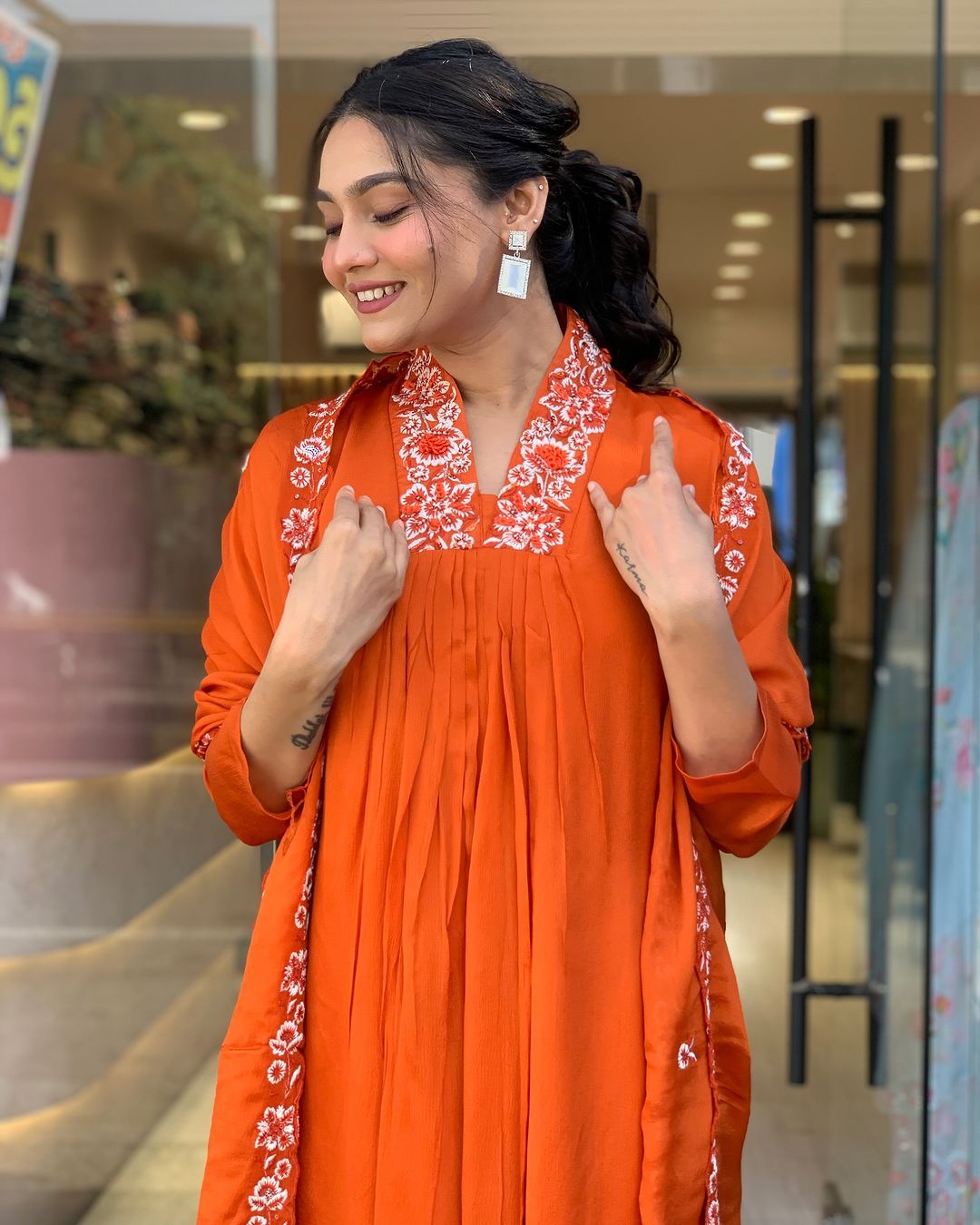 Orange Embroidered A-line Anarkali Kurti With Pant & Dupatta Set | For Women