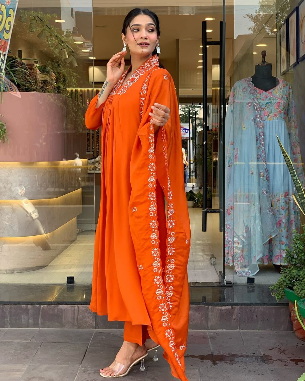 Orange Embroidered A-line Anarkali Kurti With Pant & Dupatta Set | For Women