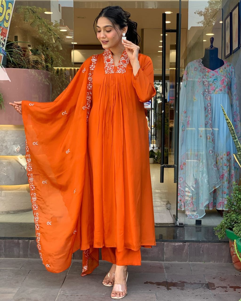 Orange Embroidered A-line Anarkali Kurti With Pant & Dupatta Set | For Women