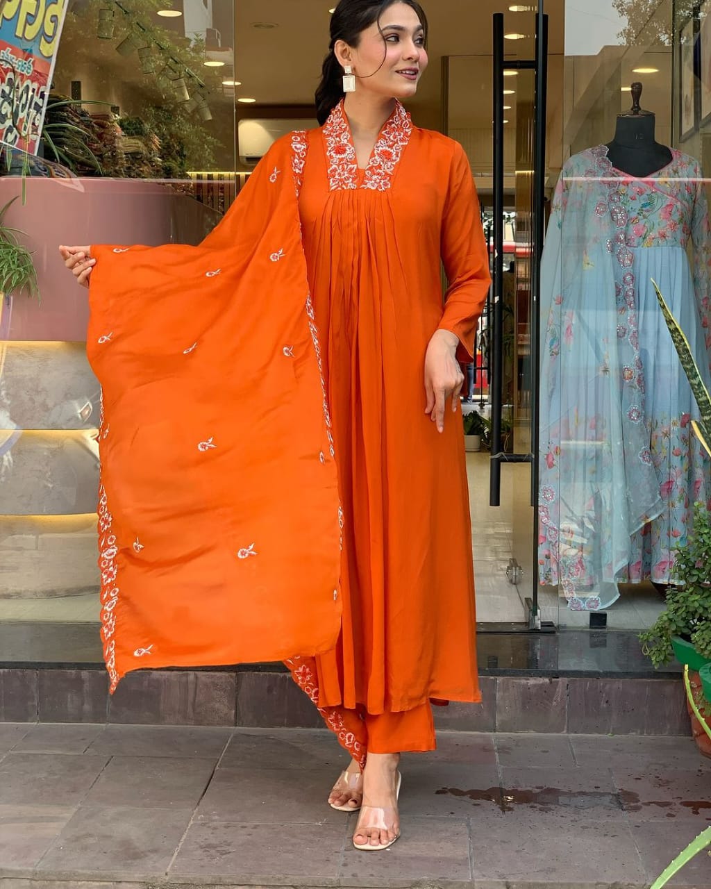 Orange Embroidered A-line Anarkali Kurti With Pant & Dupatta Set | For Women