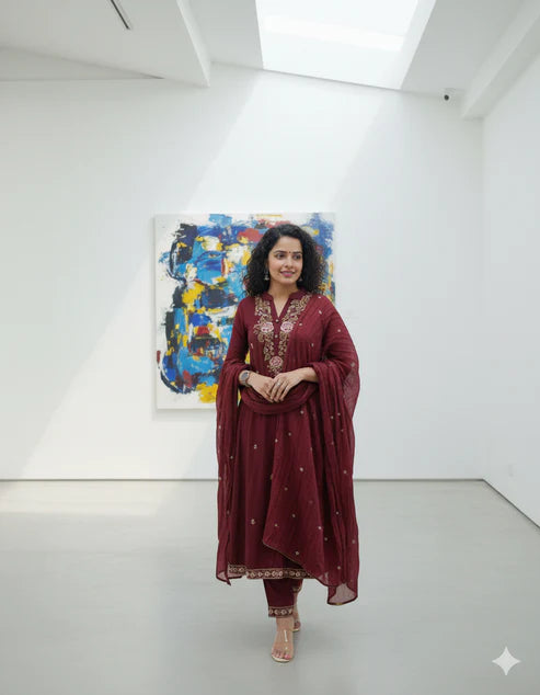 Premium Maroon Pure Cotton Embroidered Suit Set