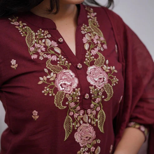 Premium Maroon Pure Cotton Embroidered Suit Set