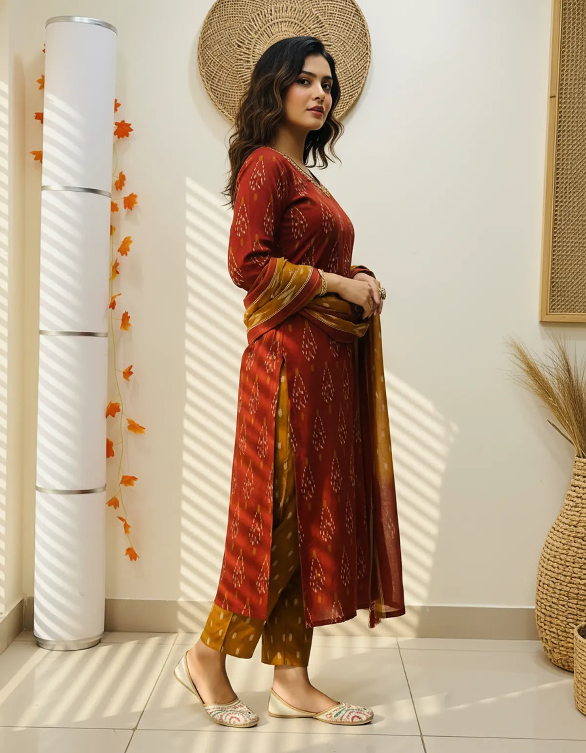 Pure-Cotton-Maroon-Ikkat-Kurti-Set