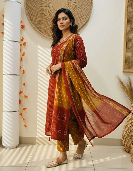 Pure-Cotton-Maroon-Ikkat-Kurti-Set