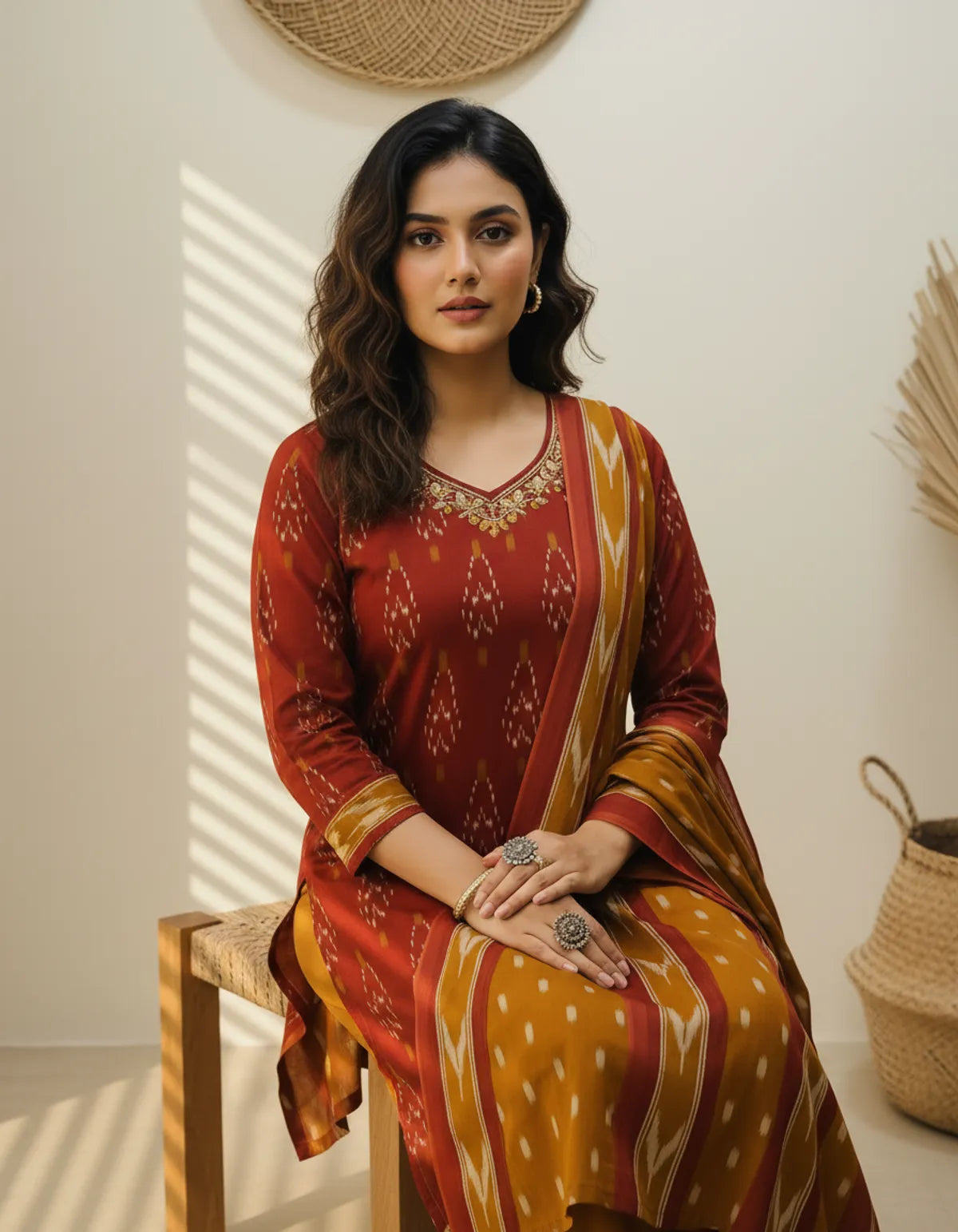 Pure-Cotton-Maroon-Ikkat-Kurti-Set