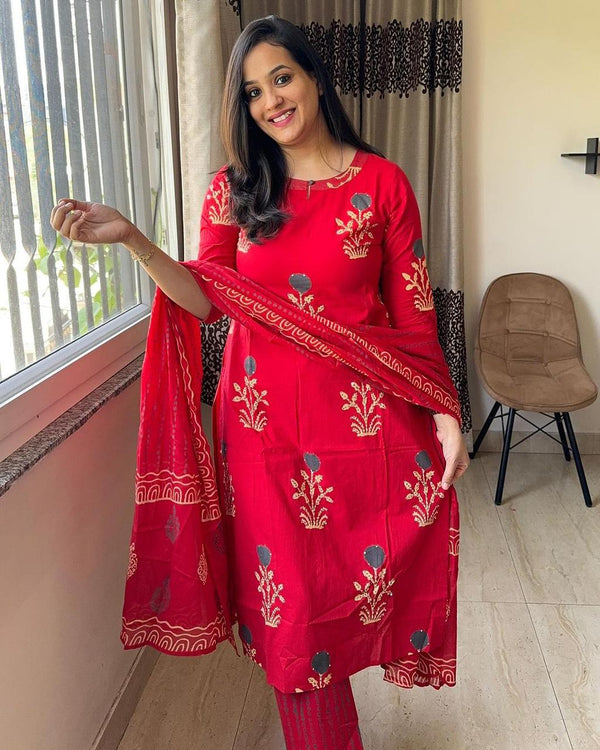 Red Printed Cotton Kurti With Pant & Dupatta Set | For Women