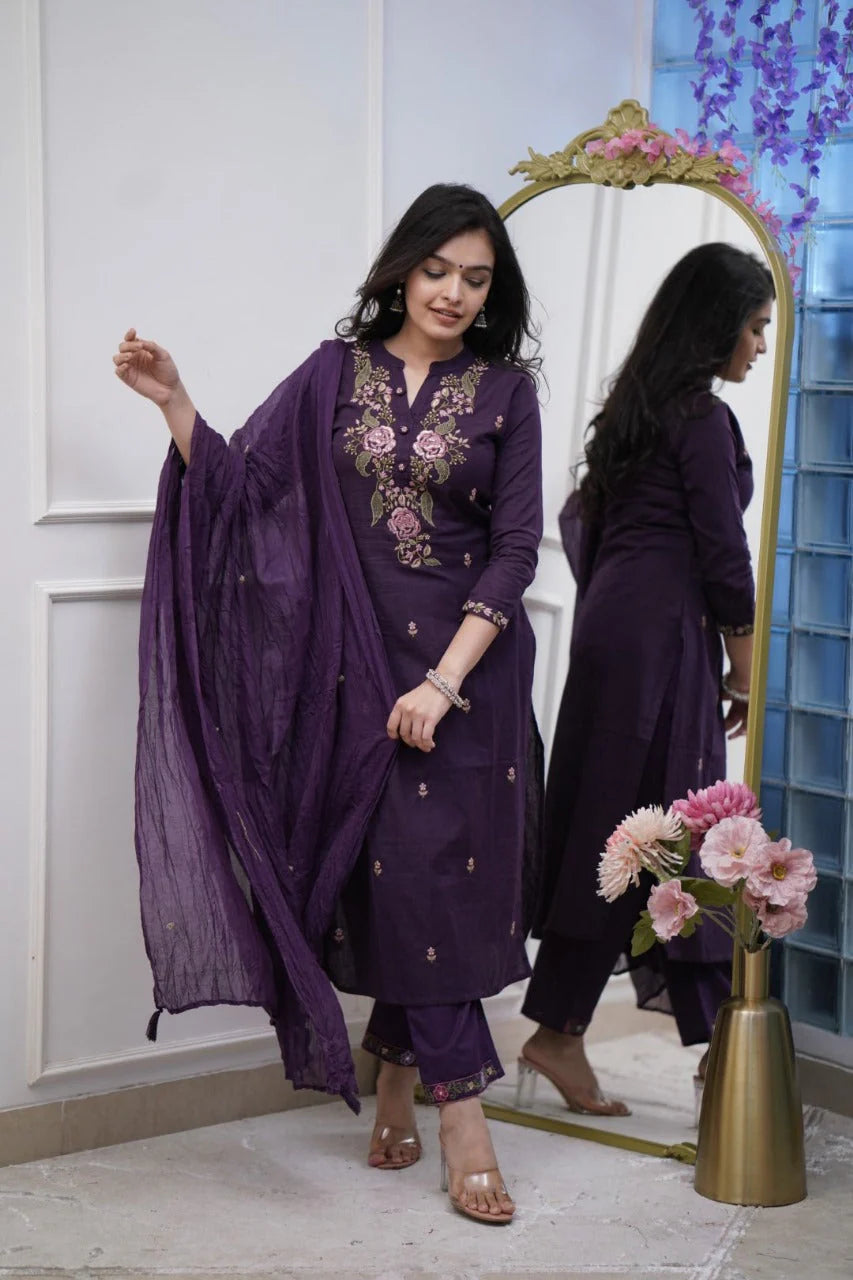Purple Embroidered Kurti With Pant & Dupatta Set | For Women