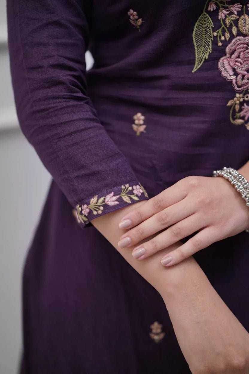 Purple Embroidered Kurti With Pant & Dupatta Set | For Women