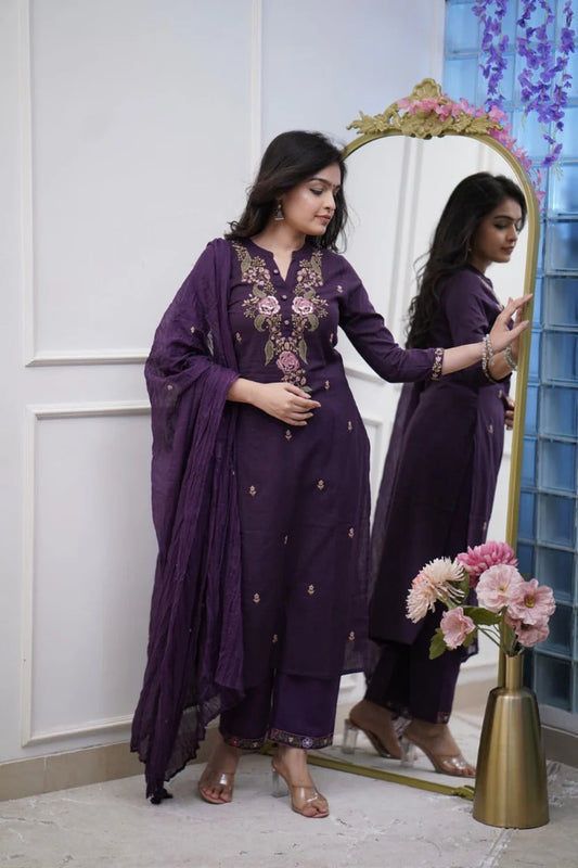 Purple Embroidered Kurti With Pant & Dupatta Set | For Women