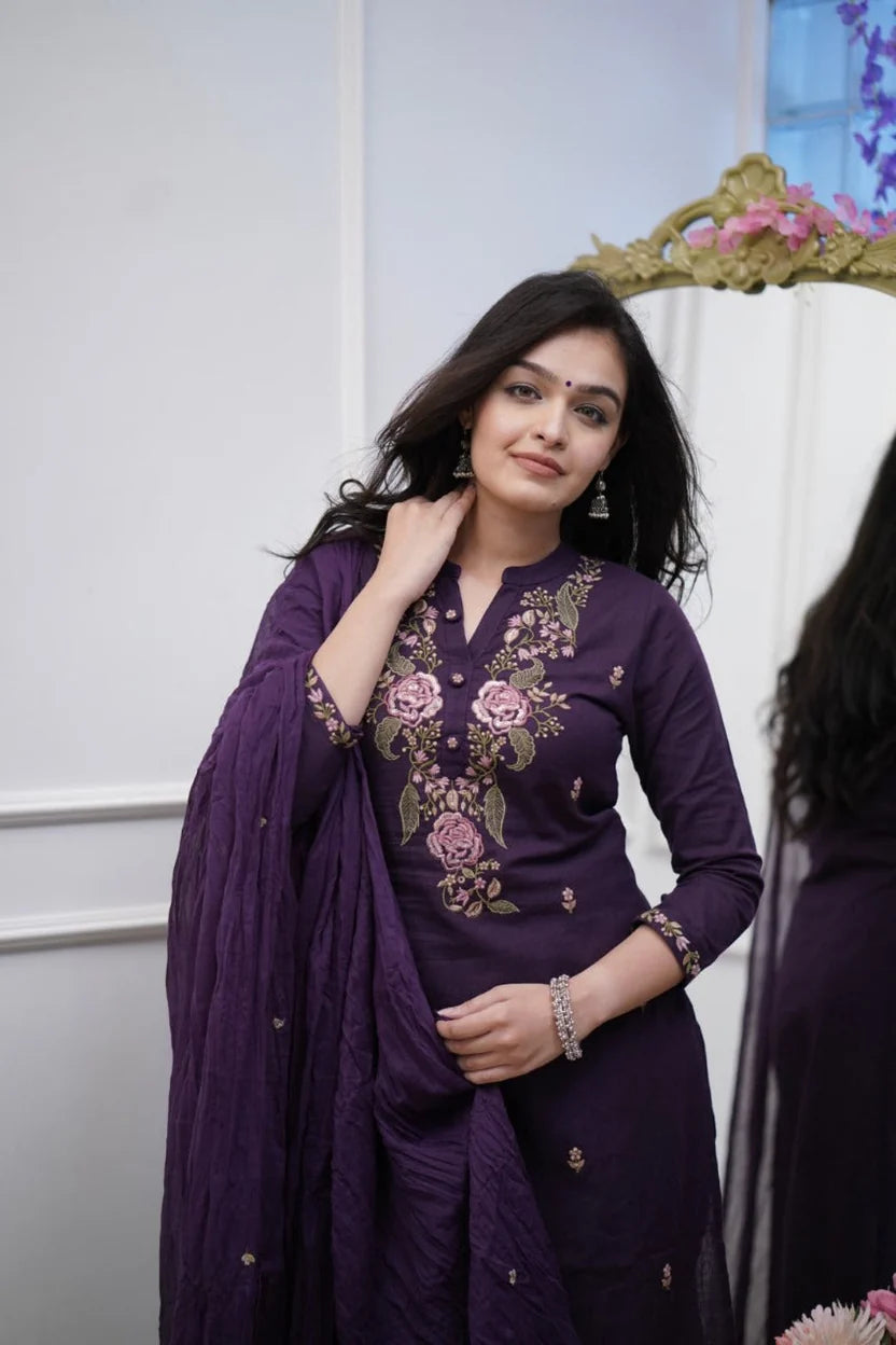 Purple Embroidered Kurti With Pant & Dupatta Set | For Women