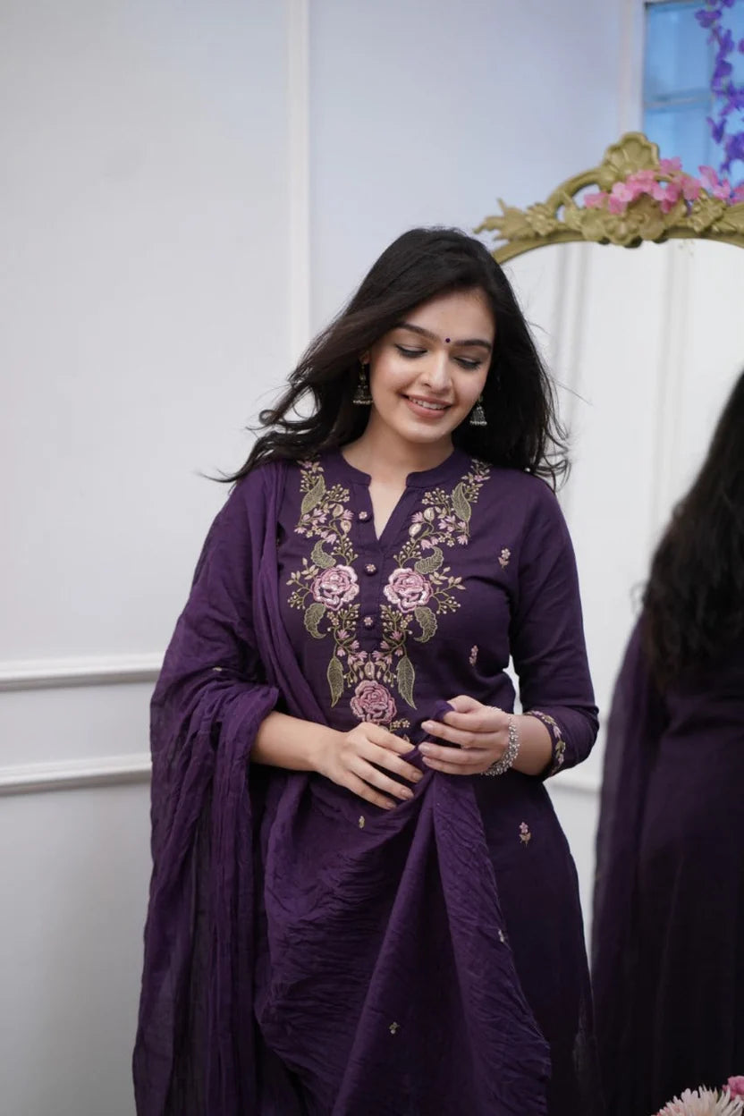 Purple Embroidered Kurti With Pant & Dupatta Set | For Women