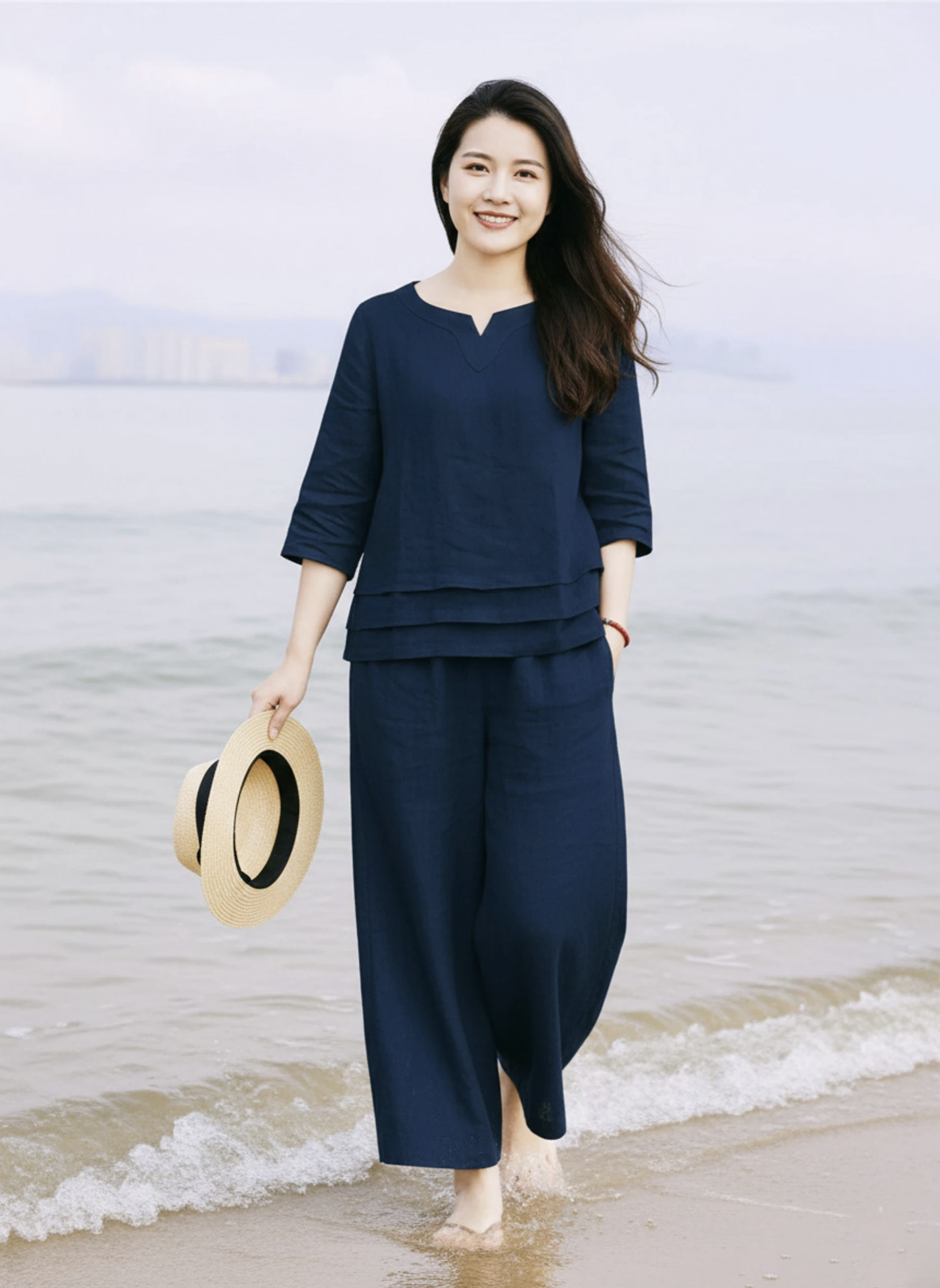 Blue Cotton Casual Loose Solid Co-ord Set For Women