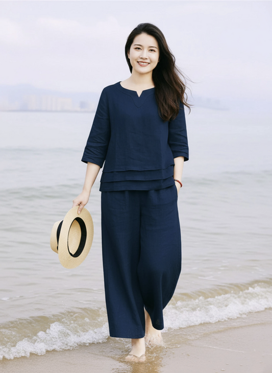Blue Cotton Casual Loose Solid Co-ord Set For Women