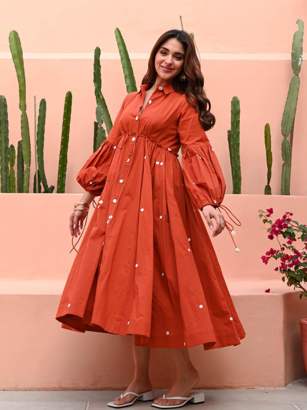 Rust Orange Cotton Fit & Flare Midi Dress with Puff Sleeves