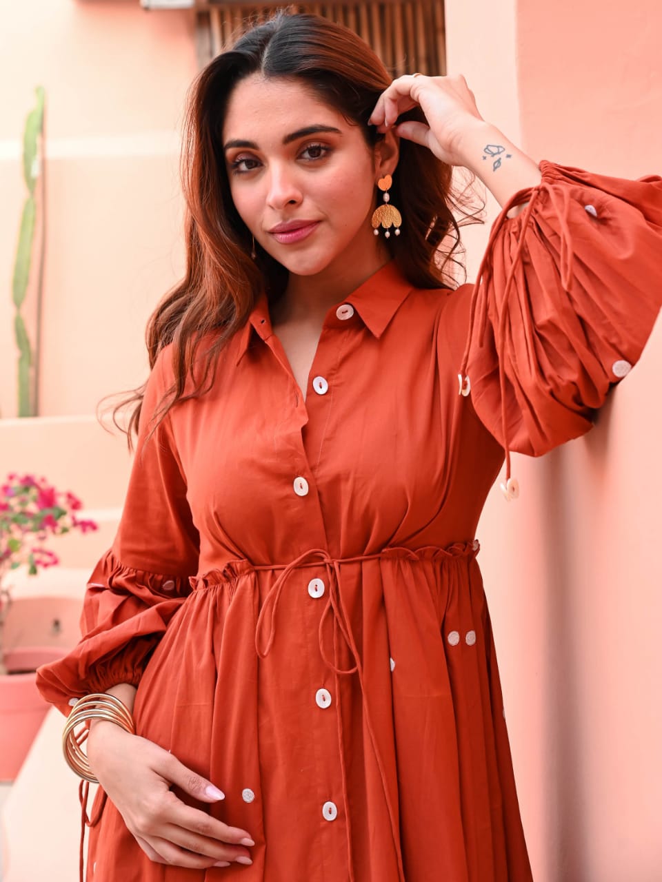 Rust Orange Cotton Fit & Flare Midi Dress with Puff Sleeves