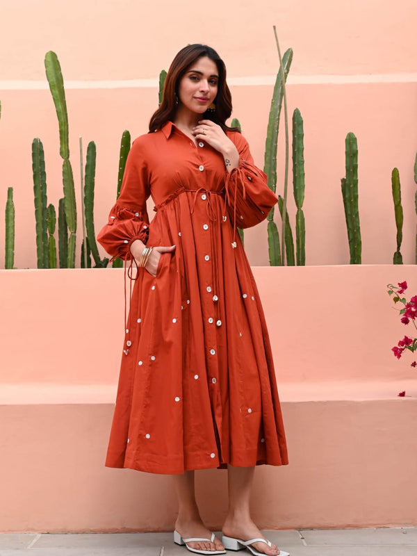 Rust Orange Cotton Fit & Flare Midi Dress with Puff Sleeves