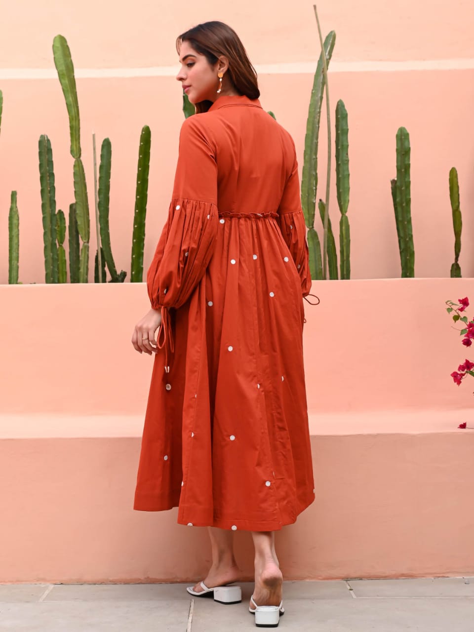 Rust Orange Cotton Fit & Flare Midi Dress with Puff Sleeves