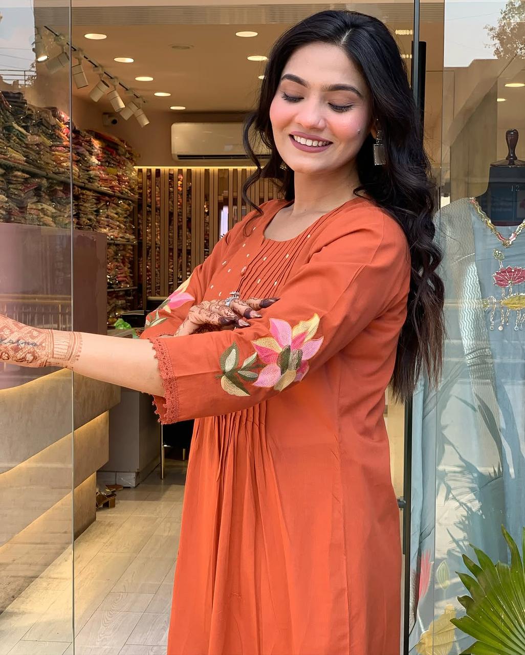Rust Orange Embroidered Anarkali Suit with Dupatta