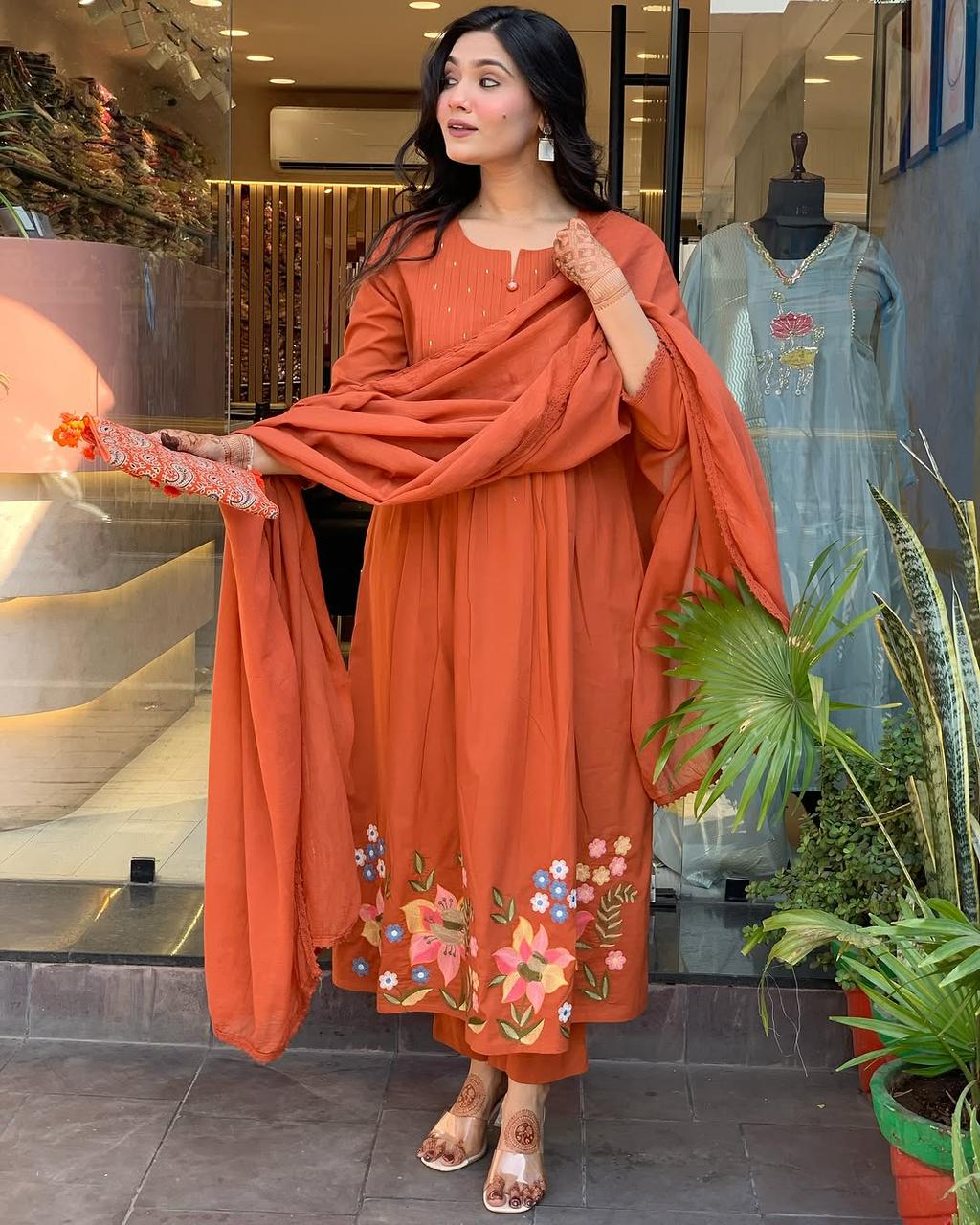 Rust Orange Embroidered Anarkali Suit with Dupatta