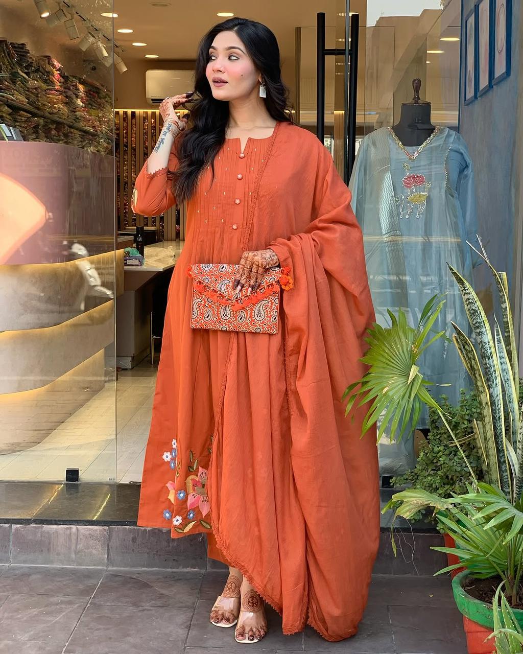 Rust Orange Embroidered Anarkali Suit with Dupatta