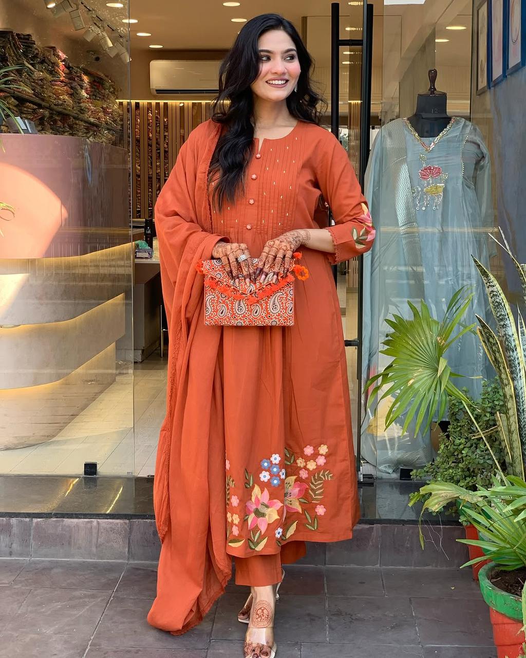 Rust Orange Embroidered Anarkali Suit with Dupatta