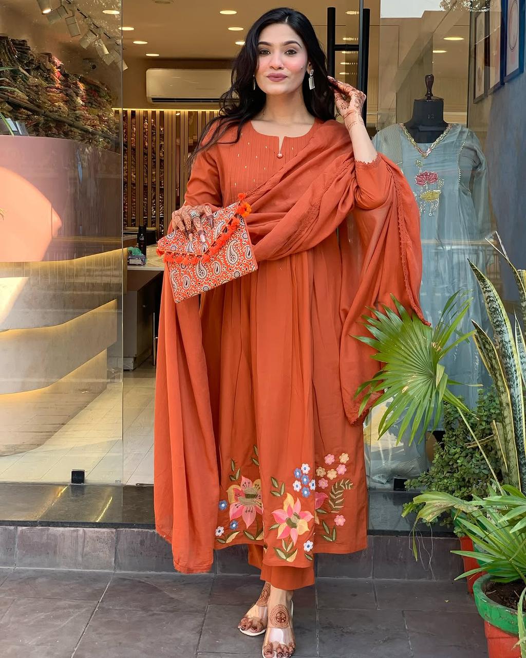 Rust Orange Embroidered Anarkali Suit with Dupatta