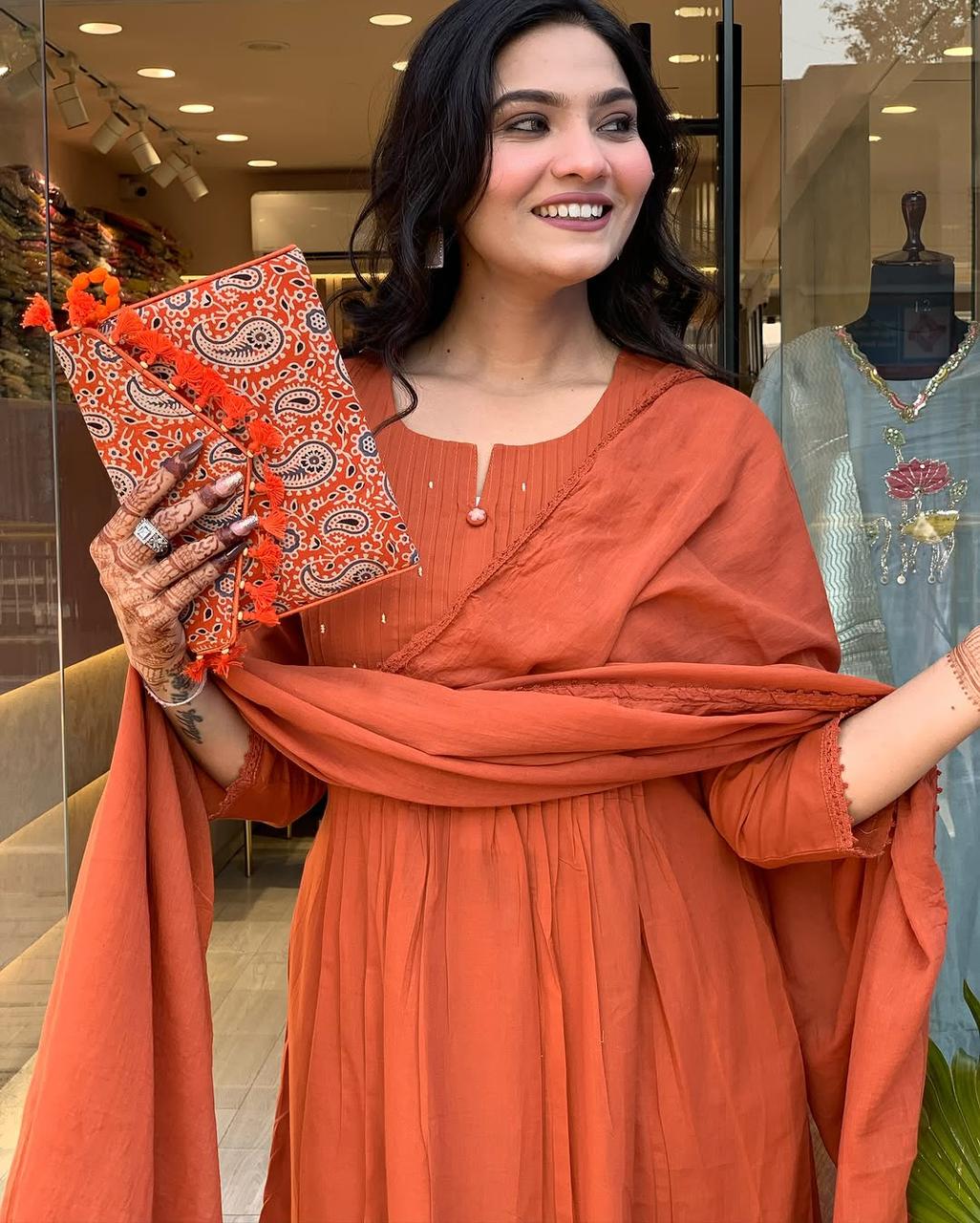 Rust Orange Embroidered Anarkali Suit with Dupatta