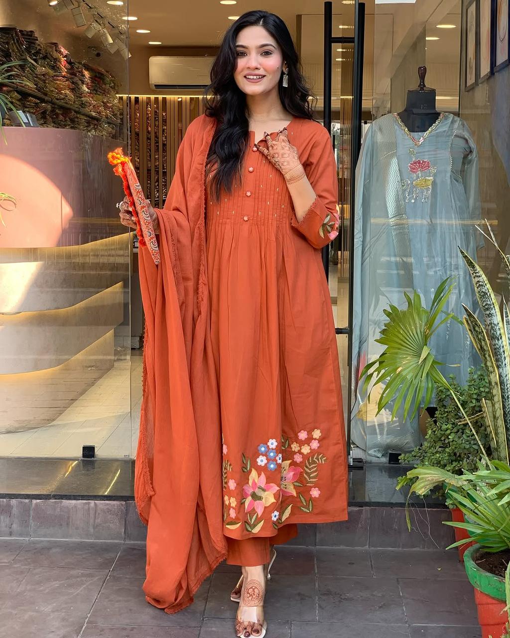 Rust Orange Embroidered Anarkali Suit with Dupatta