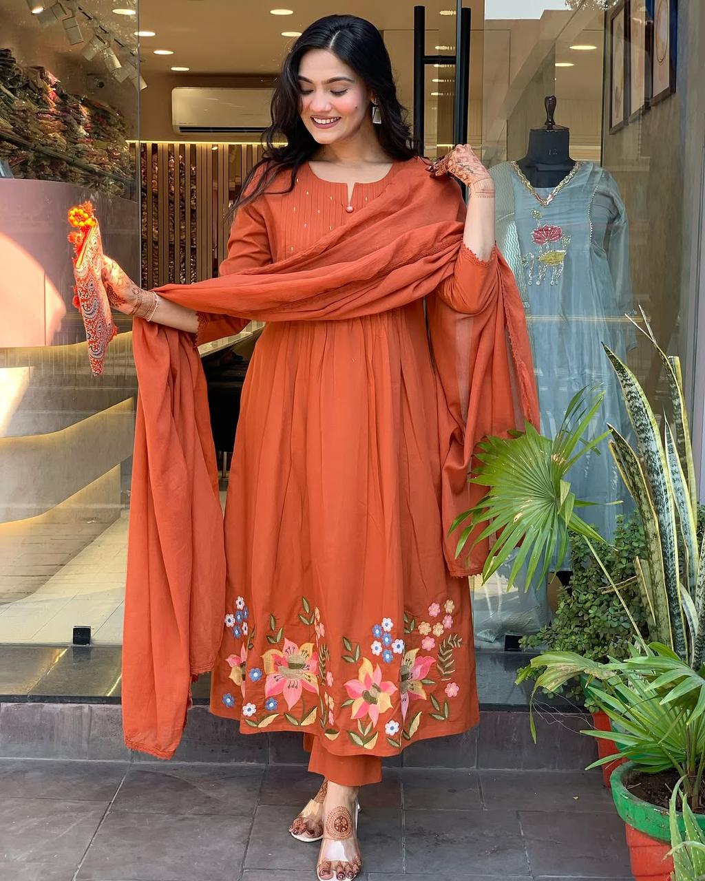 Rust Orange Embroidered Anarkali Suit with Dupatta