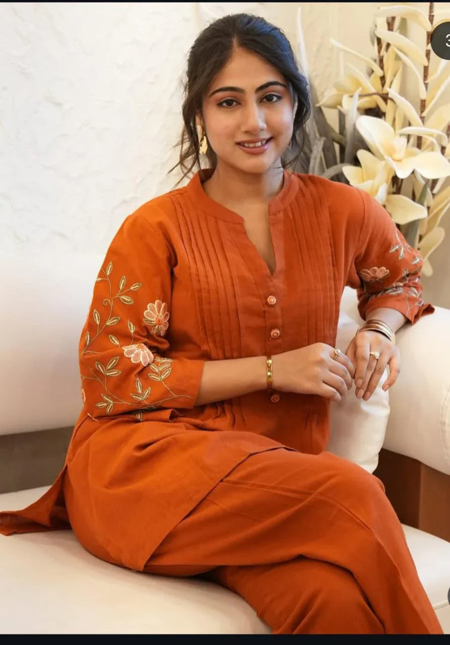 Rust Orange Embroidered Cotton Kurta Set