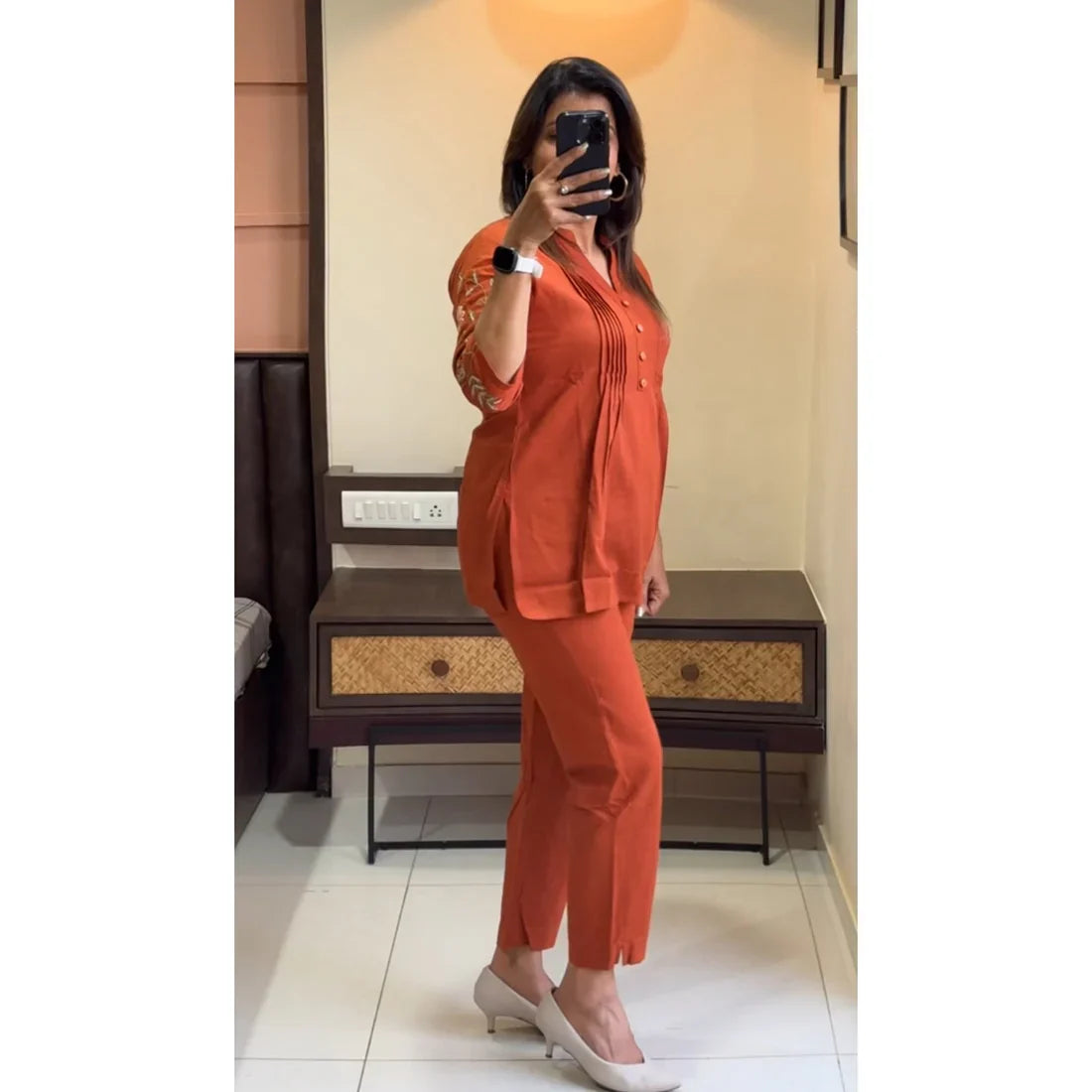 Rust Orange Embroidered Cotton Kurta Set