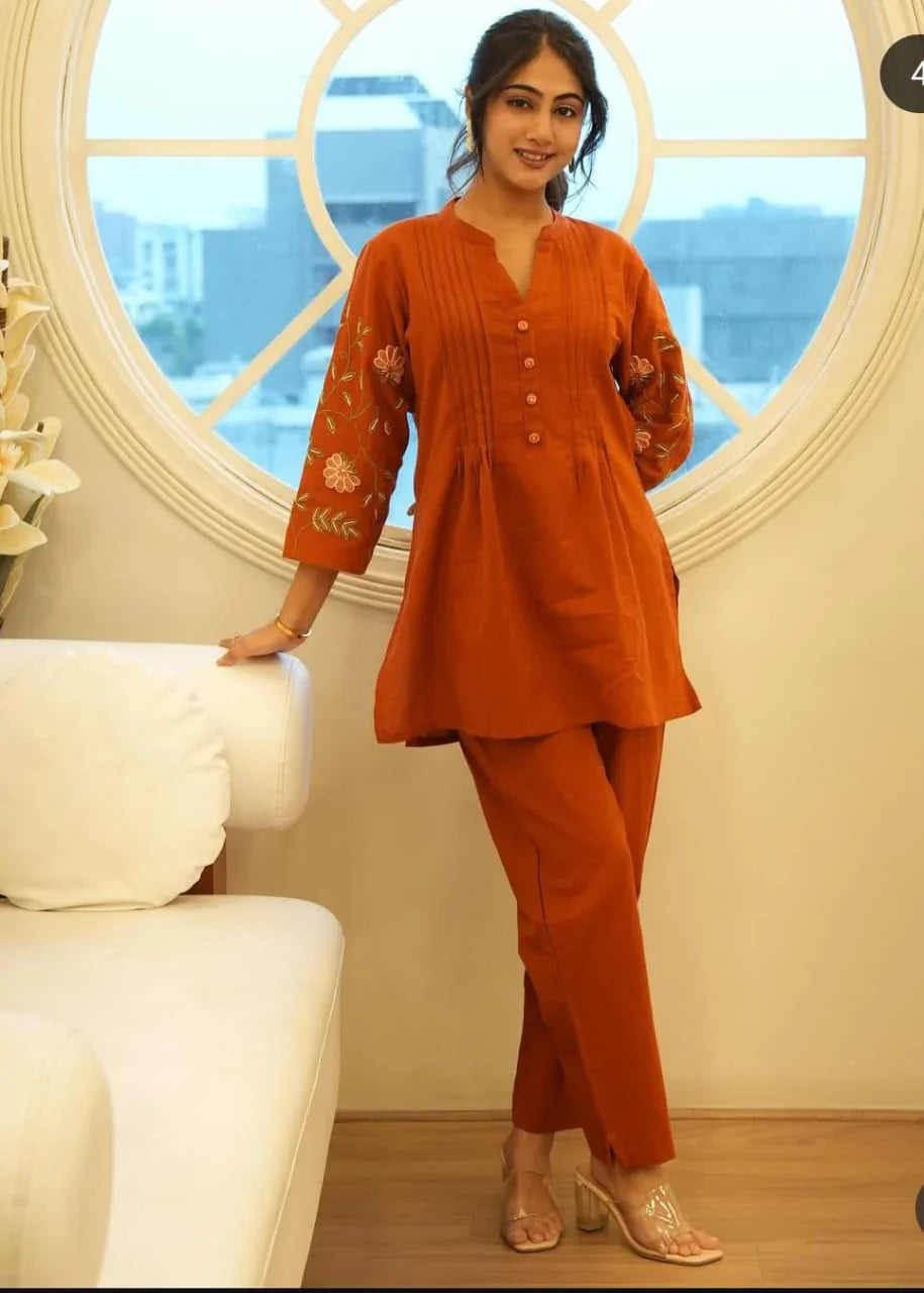 Rust Orange Embroidered Cotton Kurta Set