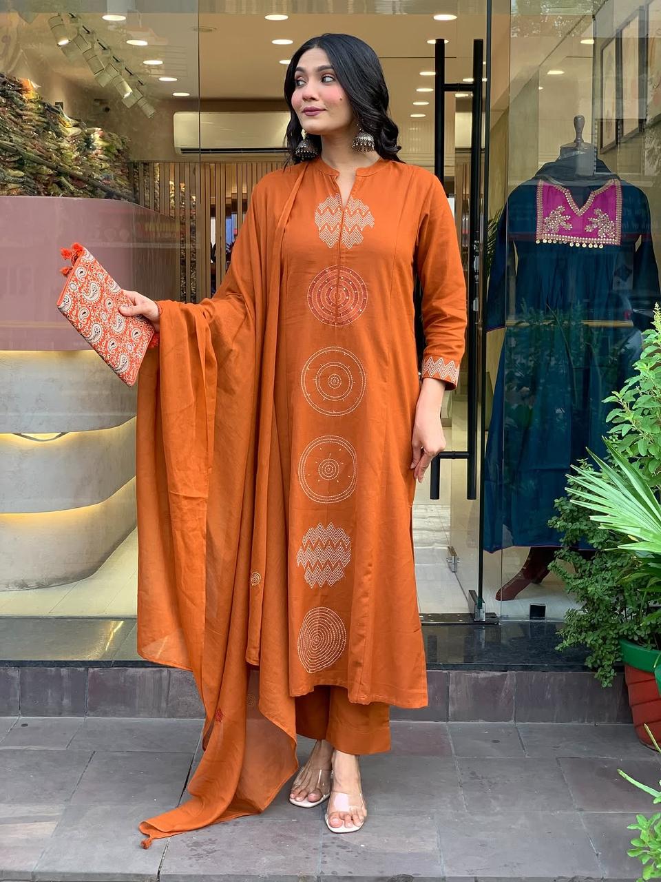 Orange Rust Embroidered Cotton Kurti With Pant & Dupatta Set | For Women