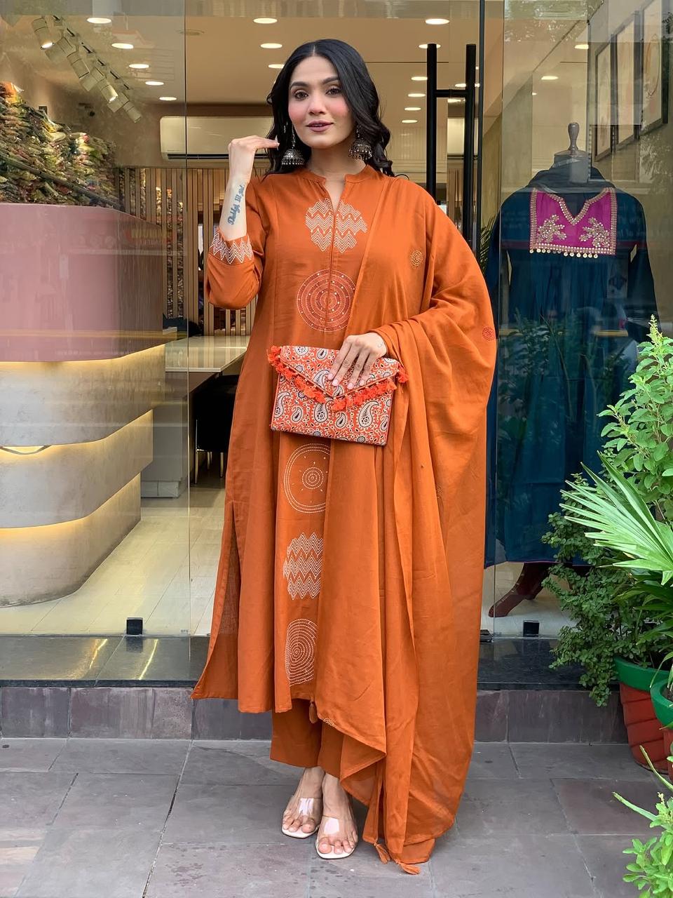 Orange Rust Embroidered Cotton Kurti With Pant & Dupatta Set | For Women