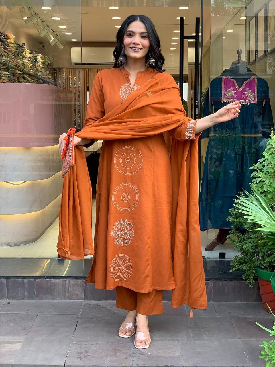 Orange Rust Embroidered Cotton Kurti With Pant & Dupatta Set | For Women