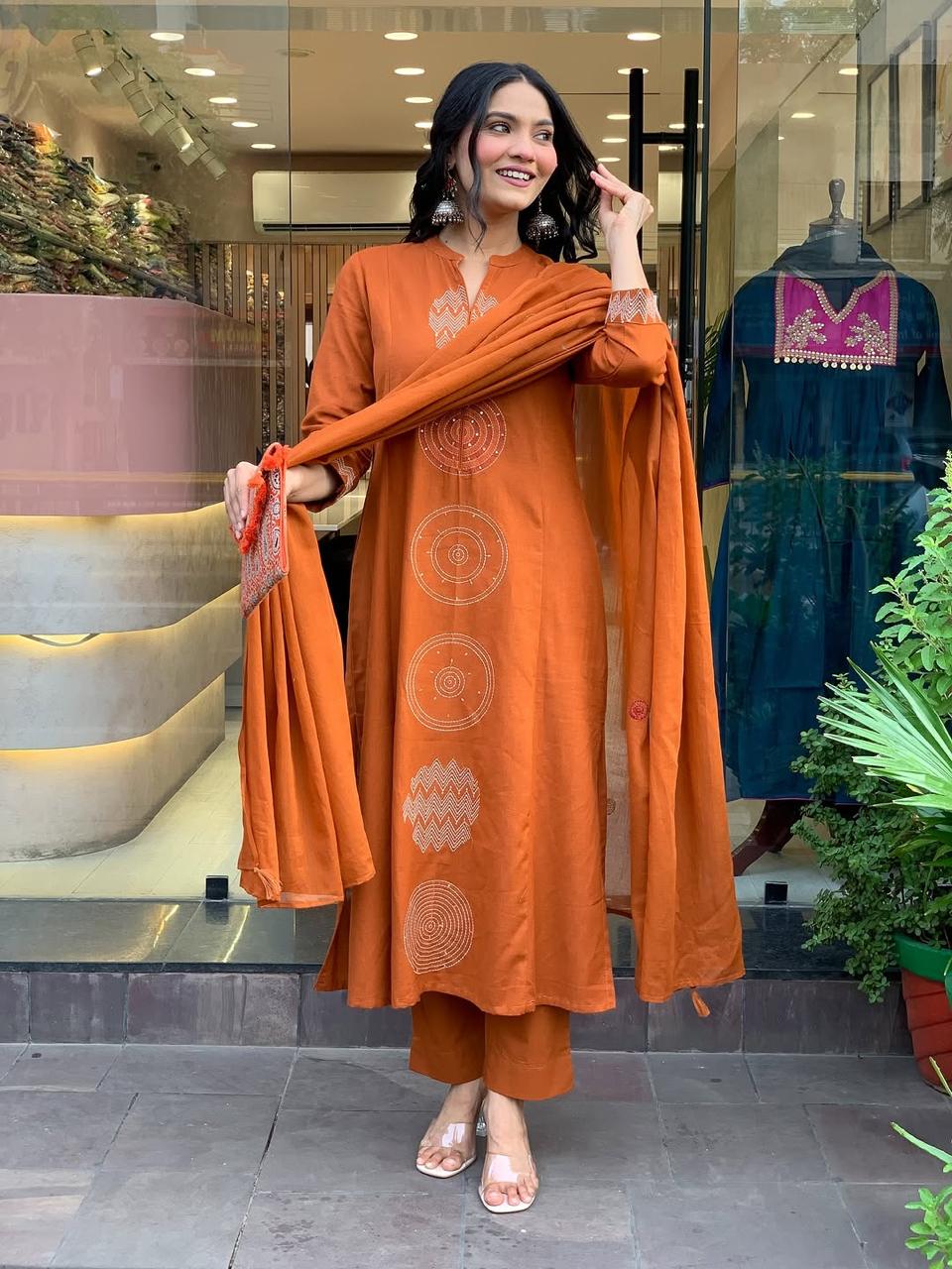 Orange Rust Embroidered Cotton Kurti With Pant & Dupatta Set | For Women