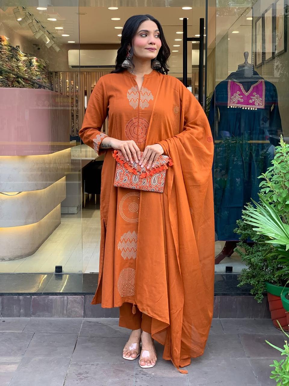 Orange Rust Embroidered Cotton Kurti With Pant & Dupatta Set | For Women